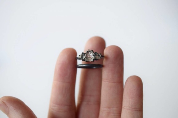 Wedding Set Oxidized or Bright Silver Ring Raw Stone Engagement Rings - Picture 9 of 10